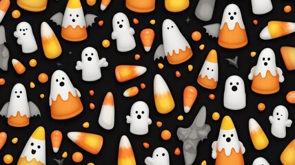 Wall Mural - Halloween seamless background pattern with unique designs of candy corn, bats and ghosts,