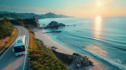 A luxury Korean express bus is running down the highway next to the beach, summer, the color of the bus is white, Aerial high view. Generative AI.