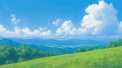 Wall Mural - Rolling green hills lush meadows and towering mountains set against a backdrop of a vast blue sky showcasing the untamed beauty of nature in summertime