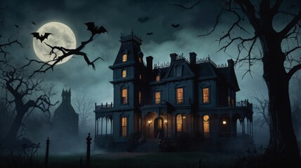 Wall Mural - Halloween background of a haunted house shrouded in mist, under eerie moonlight