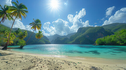 Sticker - A beautiful beach with palm trees and a clear blue ocean