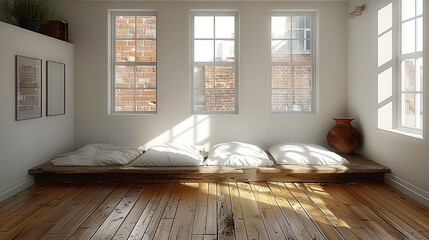 Wall Mural - A room with a wooden floor and a vase on a table