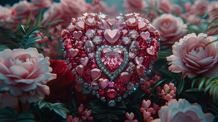 Wall Mural - A heart made of jewels is surrounded by pink flowers