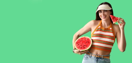 Sticker - Beautiful happy young woman holding fresh watermelon on green background with space for text