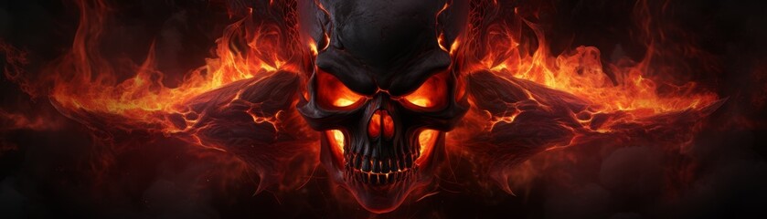 Wall Mural - A skull with a fiery face and a flame on top. The skull is surrounded by flames and has a menacing look