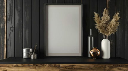 Wall Mural - Mockup poster frame on shelf with aesthetic decor, wooden and black colors. Cozy dark interior. Generative AI