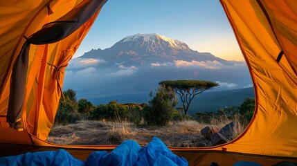 a picturesque scene of a majestic mountain peeking through the tent flap at sunrise, offering a sens