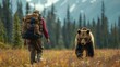 © familymedia - An adventurer with a backpack being trailed by a bear in a vast, picturesque mountain landscape