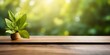 © Anastasiia - Empty solid hardwood table with green finish against blurred background creating warm atmosphere. Concept Furniture, Table, Hardwood, Green Finish, Blurred Background, Warm Atmosphere