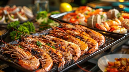 Wall Mural - A seafood buffet spread featuring an assortment of dishes featuring succulent grilled freshwater prawns, tempting diners with their aroma.