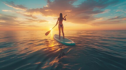 Wall Mural - Silhouette of a woman standing on a paddleboard in the ocean during a breathtaking sunset