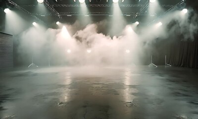 Sticker - An empty studio with a cement floor, with floodlights above and smoke in the background 4K Video