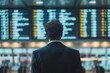 © lashkhidzetim - A man in a suit is looking at a large display of flight information. The man is focused and attentive, possibly waiting for his flight or checking for updates