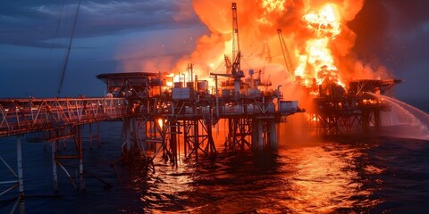 Wall Mural - Oil rig explosion at sea causes catastrophic damage and poses emergency danger. Concept Oil Rig Explosion, Sea Disaster, Emergency Response, Catastrophic Damage, Environmental Impact