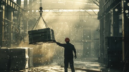 Wall Mural - Photo of professional warehouse worker with safety helmet checking at robot carrying industrial material. Skilled construction engineer working and guiding machine with crane moving product. AIG42.