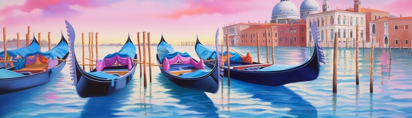 A painting of a group of boats on a lake with a building in the background