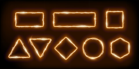Wall Mural - neon gold frames set with electro flash of lightning vector illustration. abstract yellow square cir