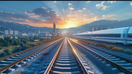 Wall Mural - A high-speed rail passing across city. against a blue sky. Aerial high view. Generative AI.