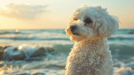 Poster - Adorable Maltese and Poodle crossbreed enjoying a day at the seaside