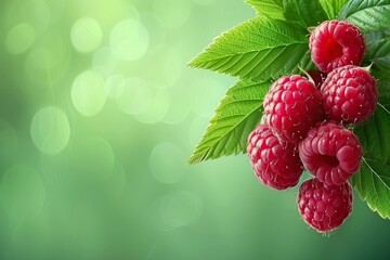 Wall Mural - Fresh raspberries on a green bokeh background with vibrant leaves