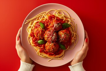 Wall Mural - Delicious spaghetti with meatballs and tomato sauce on red background