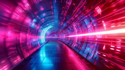 Wall Mural - warp tunnel to a digital future with colored light shining along a beams of bright royal blue and hot pink, in the style of kodak aerochrome, hard-edged lines of blueprint buildings, poured resin, smi