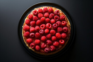 Wall Mural - Homemade cake with fresh raspberries and cream on a black background