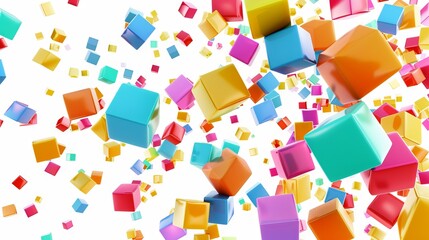 Wall Mural - Colorful cubes flying in the air on a transparent background. A vector illustration of colorful cube particles in a cartoon style, isolated on a white background. 