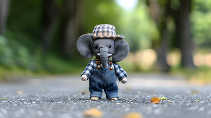Wall Mural - An adorable tiny elephant sporting a classic fedora. checkered cardigan. and blue overalls is standing on the pavement. full body shot 