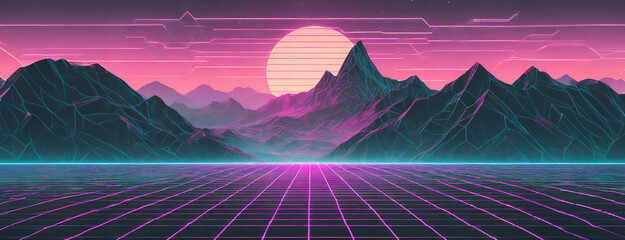 Surreal landscape with a neon grid, futuristic mountains, and a sunset in cyberpunk style.