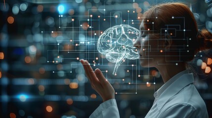 Aufkleber - A human-like figure representing a teacher or instructor showing a digital brain representing an AI system a series of labeled images or data points. Generative AI.