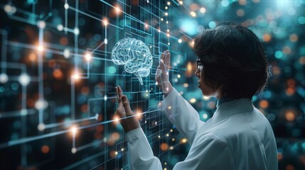 Aufkleber - A human-like figure representing a teacher or instructor showing a digital brain representing an AI system a series of labeled images or data points. Generative AI.