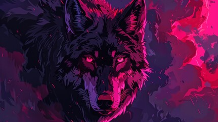 Vibrant neon wolf with glowing red eyes