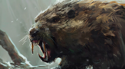 Wall Mural - An ultra-realistic fantasy sketch of an enraged and soiled bushy beaver with piercing fangs. 