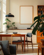 © Amy - 50 x 70cm, 20 x 28 inch wood frame mockup in warm cosy plant filled kitchen, with wood dining table and large window