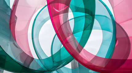 Wall Mural - An up-close perspective of a geometric installation constructed from overlapping circles. exhibited in tints of pink and teal against the urban skyline. 