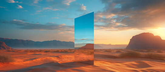 Mirror plane in the middle of Sahara desert. Concept for tourism travel mockup as wide commercial banner design with copy space.