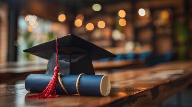 A sophisticated black mortarboard with a red tassel beside a diploma, symbolizing educational success, on a warm wooden surface