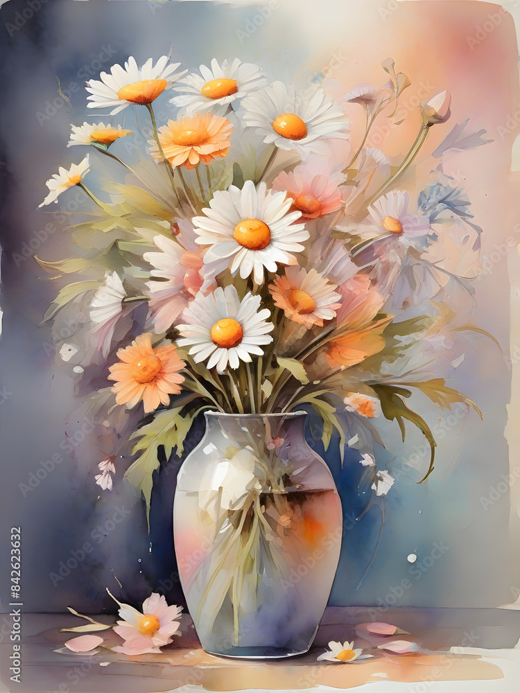 Watercolor Painting of a Floral Bouquet in a Glass Vase, Featuring ...