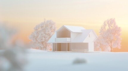 Canvas Print - front view,abstract frosted glass atmosphere environment, shadow casting,sky line,house,depth of field,background gradient blur,center composition, long shadows, pure white scenes, white model renderi