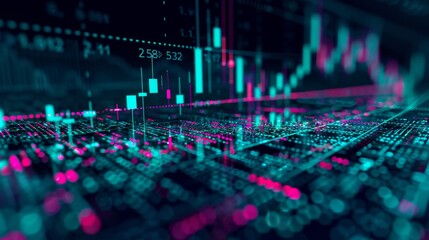 Wall Mural - trading chart candlesticks with long wicks in the color turquoise isolated on a black background while the bars create a translucent layered abstract composition technical illustration high speed freq