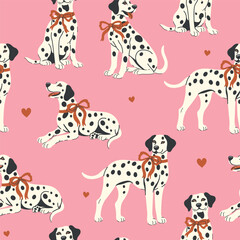 Wall Mural - Seamless pattern with Dalmatian dogs with red ribbons on their necks on a pink background. Vector graphics.