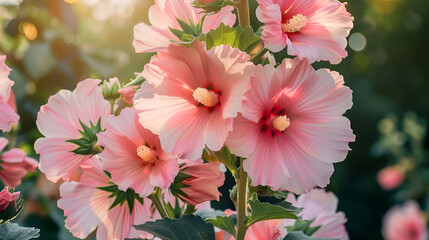 Wall Mural - Beautiful romantic pink mallow flowers in the botanical garden at sunset on a blurred natural background. Summer floral banner.