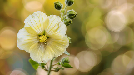 Wall Mural - Beautiful yellow mallow flower in the garden at sunset on a blurred natural background. Copy space. Summer floral banner.
