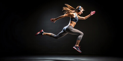 woman jumping on black background.