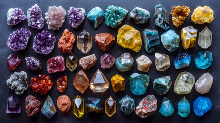 Collection features an array of raw crystal and mineral stones arranged in color groups