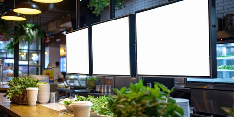 Restaurant counter with blank menu screens and fresh food display in a modern eatery. fresh salads and ingredients with clean, blank digital menus overhead..