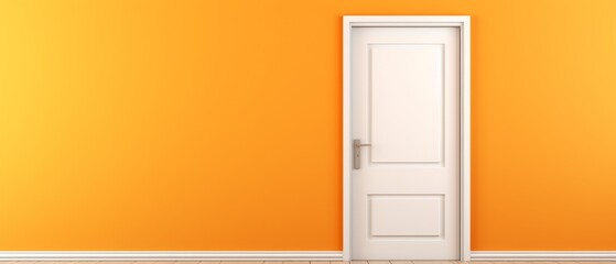 Orange doors with white trim are standing in a room with a yellow wall. The doors are open, and the room appears to be empty