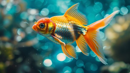 A vibrant orange and gold goldfish with prominent scales swims in front of a dreamy bokeh background