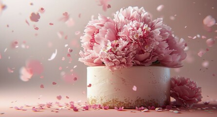 Wall Mural - Pink Peony Bouquet Decorates White Cake With Falling Petals